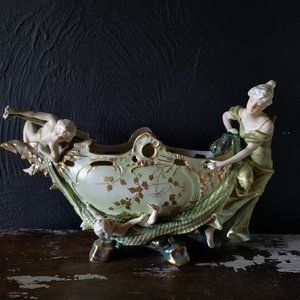 Antique Porcelain Figural Centerpiece Woman and Children with Fish Net Planter
